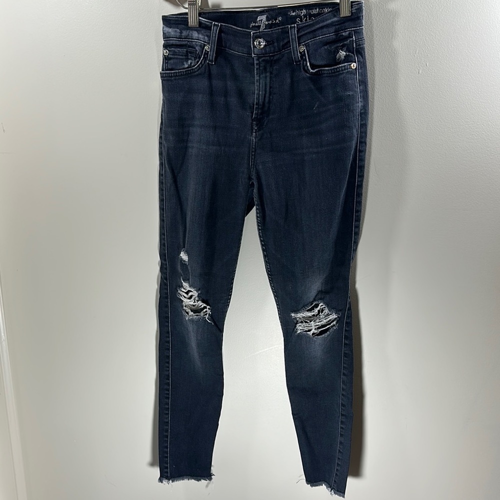 7 For All Man Kind Distressed Dark Wash Denim The High Waist Skinny Jean Size 26 - Picture 1 of 8